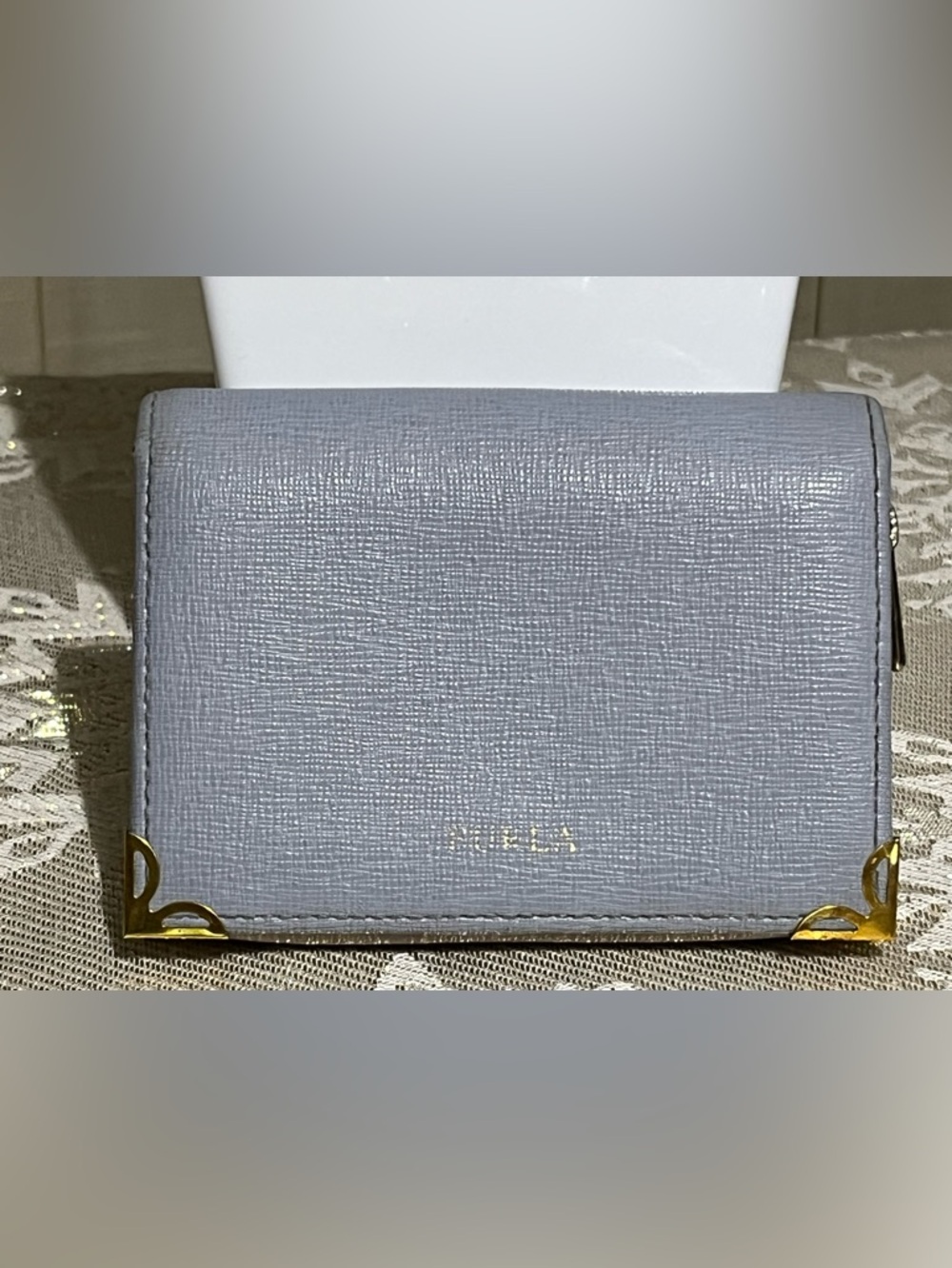 FURLA Textured Saffiano Wallet in Steel Gray/Blue & Gold EUC!